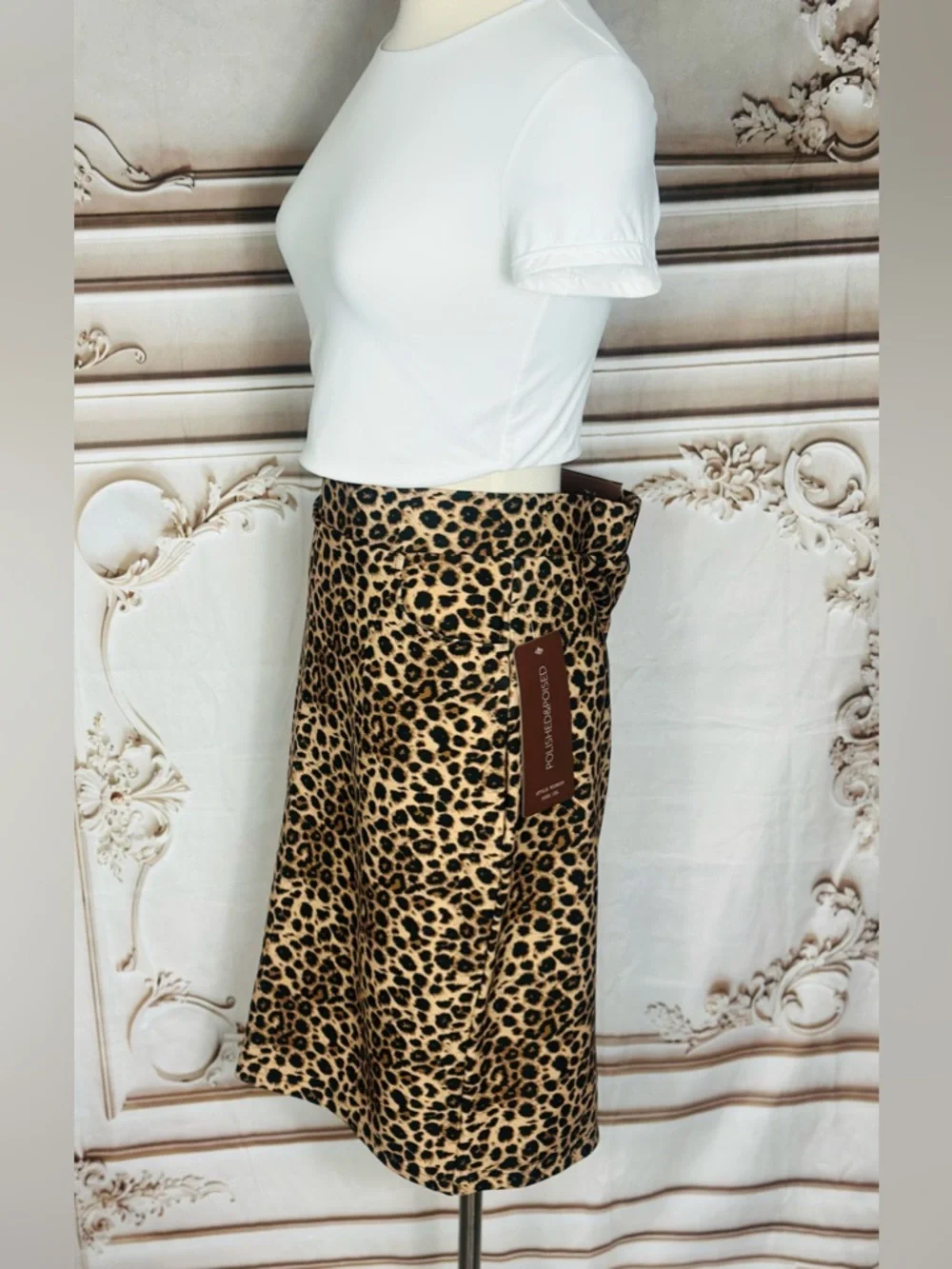 Leopard Print High-Waist Pencil Skirt - Black/Beige - Picture 3 of 9